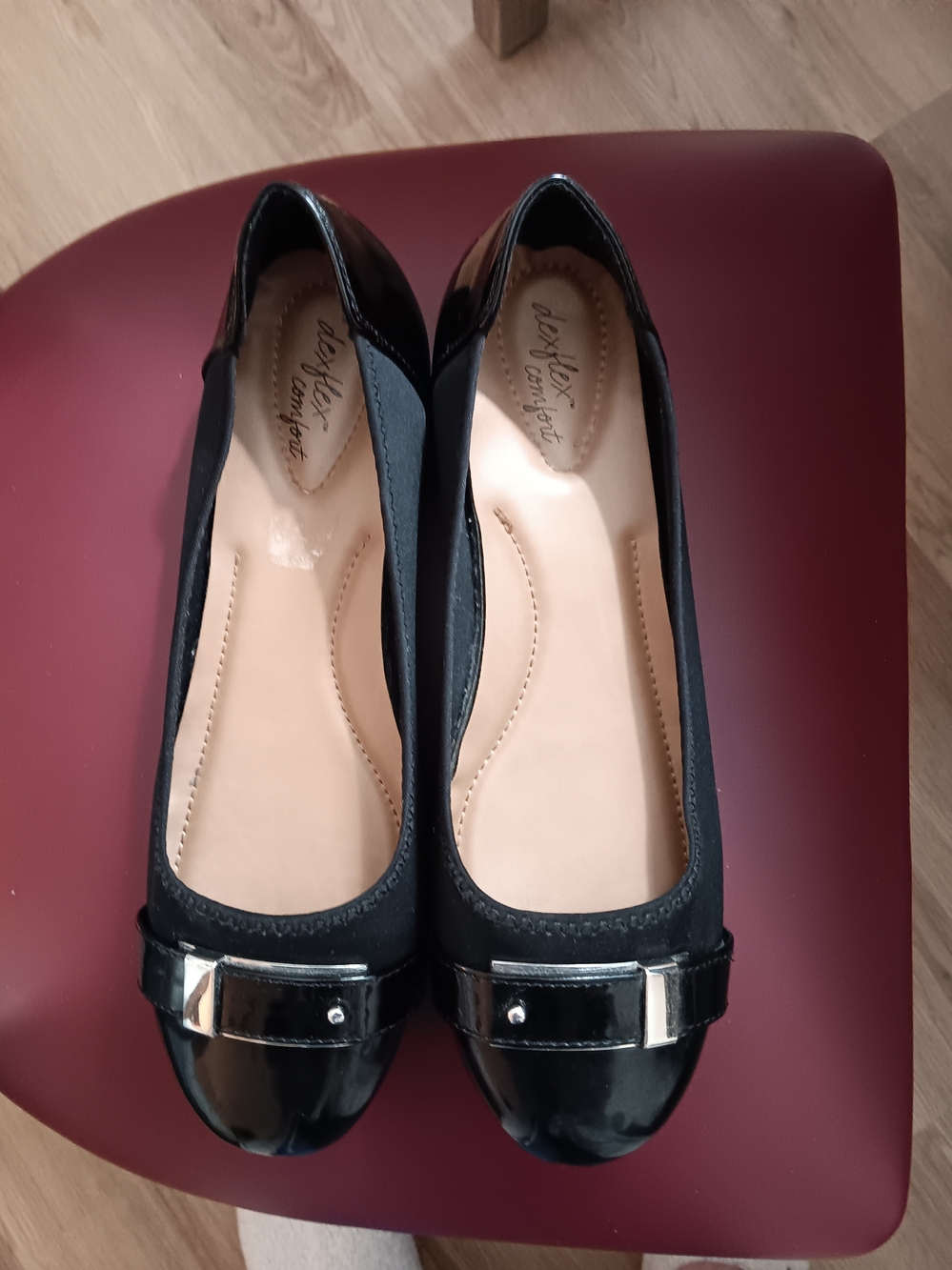 Dexflex comfort Black Flats with Patent Toe and Silver Accent